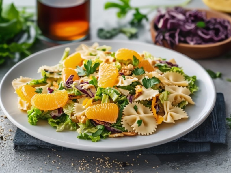 Ein Teller mit Nudelsalat mit Orangen und Chinakohl.