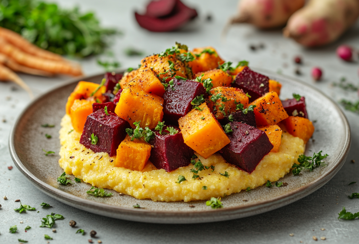 Ein Teller OfengemÃ¼se mit Polenta, im Hintergrund frisches GemÃ¼se.