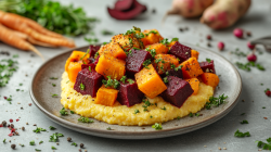 Ein Teller Ofengemüse mit Polenta, im Hintergrund frisches Gemüse.