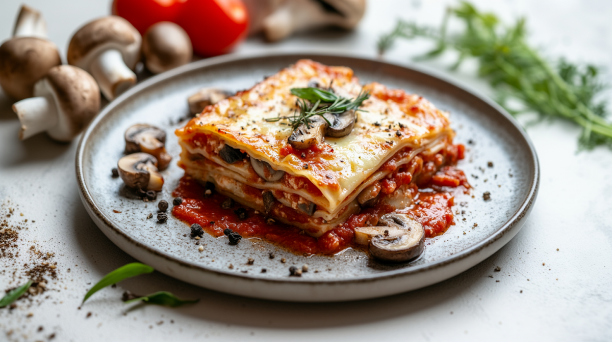 Ein Stück Pilzlasagne mit Lauch und Tomatensoße auf einem Teller, im Hintergrund unscharf einige Zutaten.