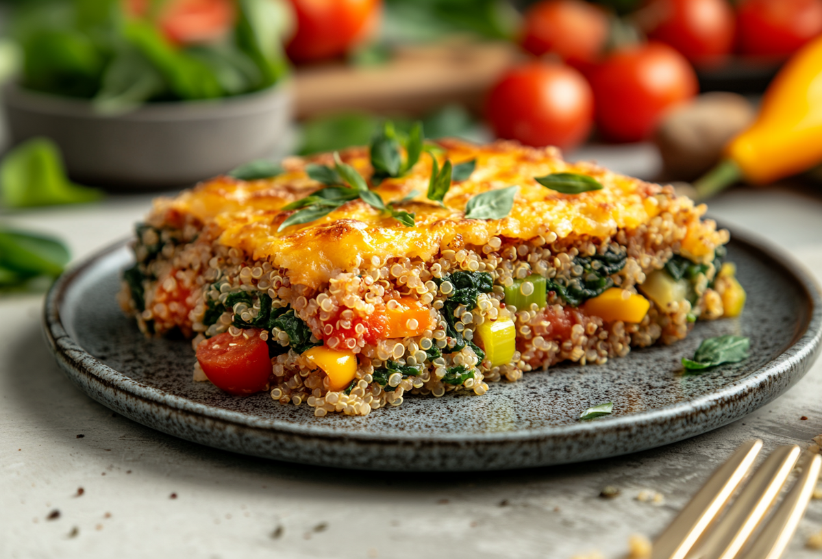 Ein herausgetrenntes Stück Quinoa-Gemüseauflauf steht auf einem grauen Teller. In dem Auflauf sind Tomaten, Spinat, Lauch, gelbe Paprika und Quinoa verarbeitet.