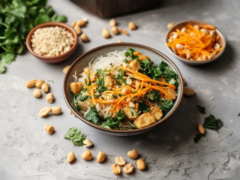 Eine Schale frischer Reisnudelsalat steht in der Mitte des Bildes. Er ist aus Reisnudeln, Karotten, Koriander, gebackenem Tofu und ErdnÃ¼ssen zubereitet. Drumherum liegen weitere ErdnÃ¼sse sowie Koriander. Im Hintergrund steht eine Schale mit gehackten ErdnÃ¼ssen und eine Schale mit geriebenen MÃ¶hren.