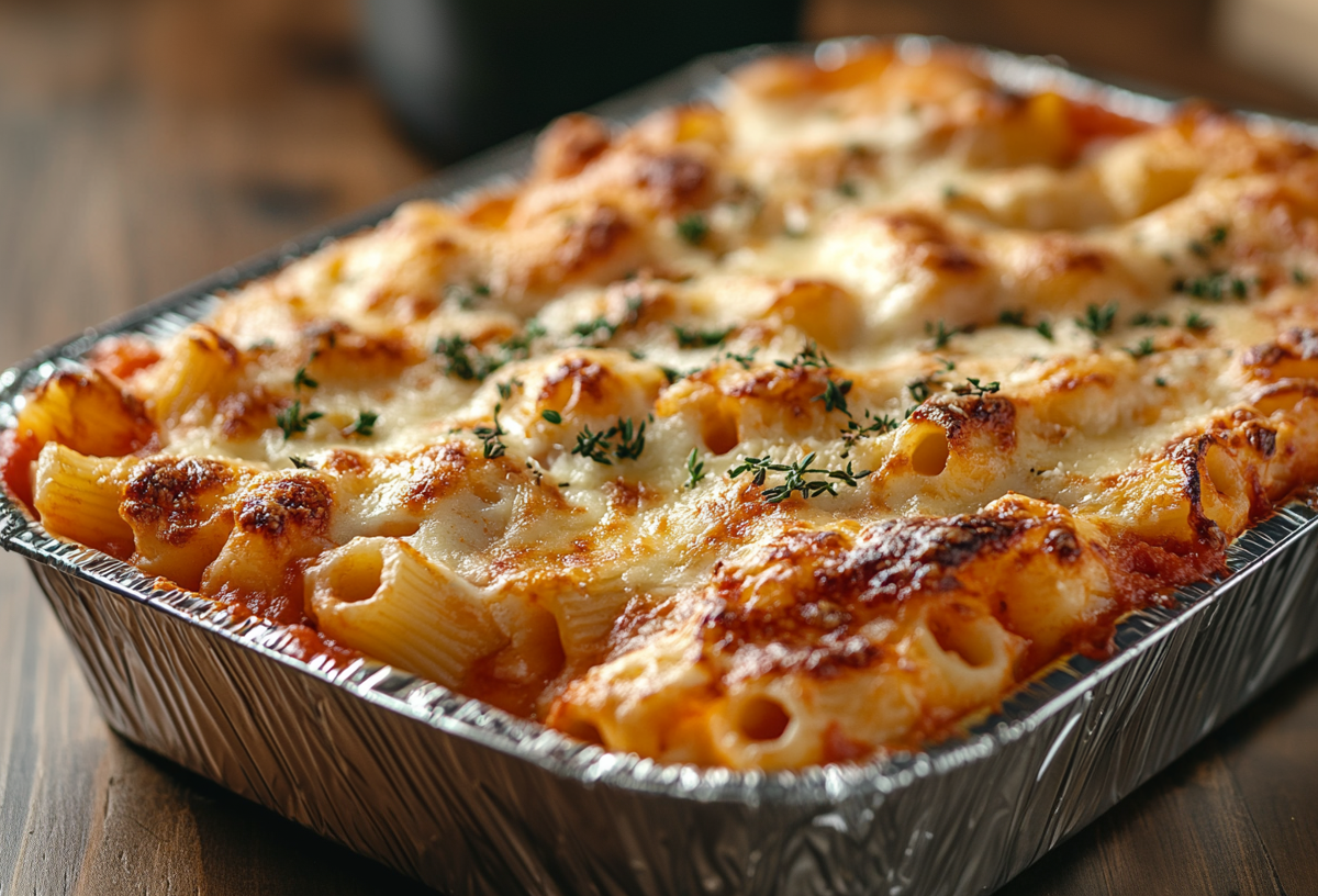 Rigatoni rot-weiÃŸ in einer Aluschale, bestreut mit getrockneten KrÃ¤utern.