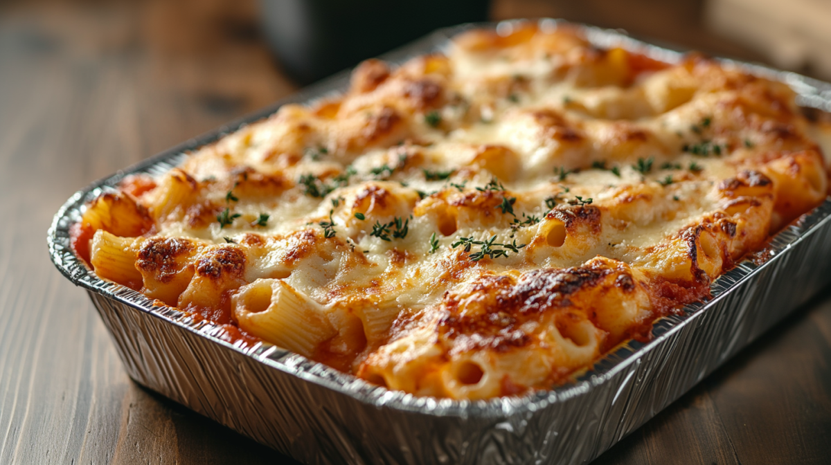 Rigatoni rot-weiÃŸ in einer Aluschale, bestreut mit getrockneten KrÃ¤utern.