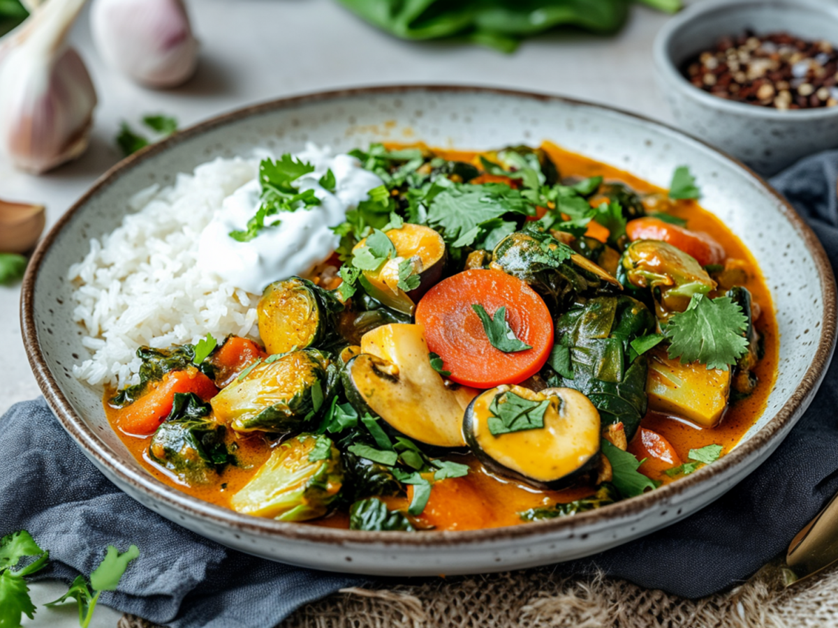 Ein großer Teller Rosenkohl-Curry mit Karotten, Spinat und Champignons, das mit Reis und einem Klecks Joghurt serviert wird. Garniert ist das Ganze mit frischem Koriander. Der Teller steht auf einer hellen Arbeitsplatte auf einem dunklen Tuch. Rings um den Teller liegt eine Knoblauchknolle, frischer Koriander, ein goldener Löffel sowie ein einzelner Pilz. Außerdem kann man eine kleine Schale mit Pfefferkörnern und Blattspinat im Hintergrund erkennen.