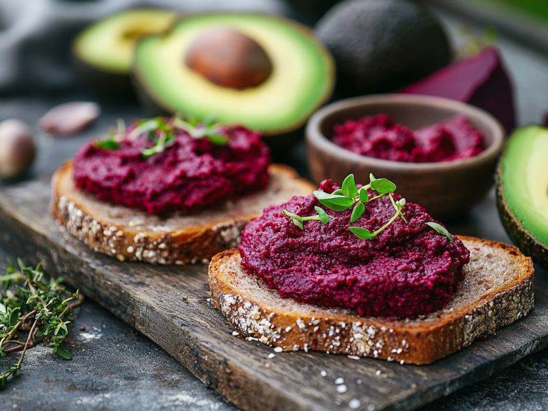 Zwei Brote mit Rote-Bete-Avocadodip liegen auf einem dunklen Holzbrett. Sie sind garniert mit frischen Kräutern, Im Hintergrund liegen aufgeschnittene Avocados und eine Schale mit Rote-Bete-Avocado-Dip.