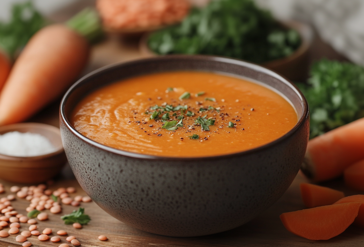 Eine SchÃ¼ssel Rote-Linsen-Karotten-Suppe.