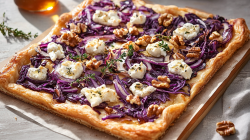 Ein rechteckiges Holzbrett mit Backpapier auf dem ein Rotkohl-Flammkuchen mit Ziegenkäse, Walnüssen und roten Zwiebeln liegt, der mit frischem Thymian und Honig garniert ist. Das Holzbrett steht auf einem hellen Untergrund. Ringsum den Flammkuchen liegen Walnüsse und Thymianzweige verstreut. Im Hintergrund ist verschwommen ein Glas mit Honig angedeutet.