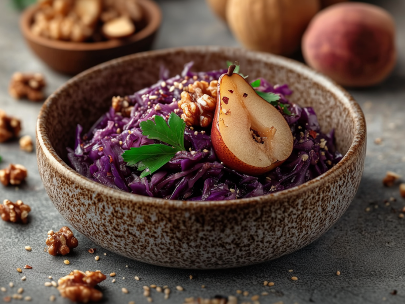 Rotkohlsalat mit Birnen und Walnüssen angerichtet in einer kleinen braun marmorierten Schale. Um die Schale liegen verteilt einige Walnüsse. Links im Bild liegt frische Petersilie. Im Hintergrund sieht man eine Schale mit noch mehr Walnüssen, sowie weitere Birnen.