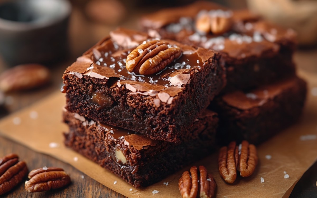 Salted-Caramel-Brownies mit PekannÃ¼ssen auf einem Holzbrett.