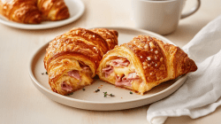 Ein Teller mit zwei Schinken-Käse-Croissants, im Hintergrund eine Tasse und ein Teller mit einem weiteren Croissant.