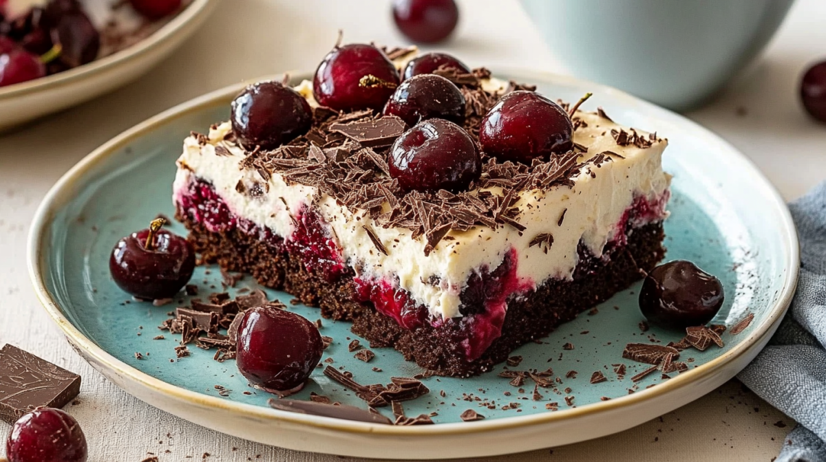 Ein StÃ¼ck SchwarzwÃ¤lder Kirschtorte vom Blech auf einem Teller, garniert mit Kirschen.