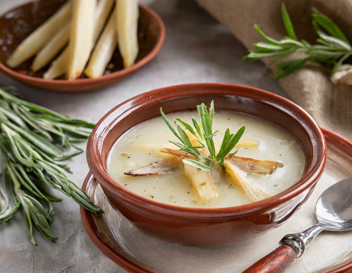 Schale mit Schwarzwurzel-Cremesuppe, Schwarzwurzeln und Kräuter daneben