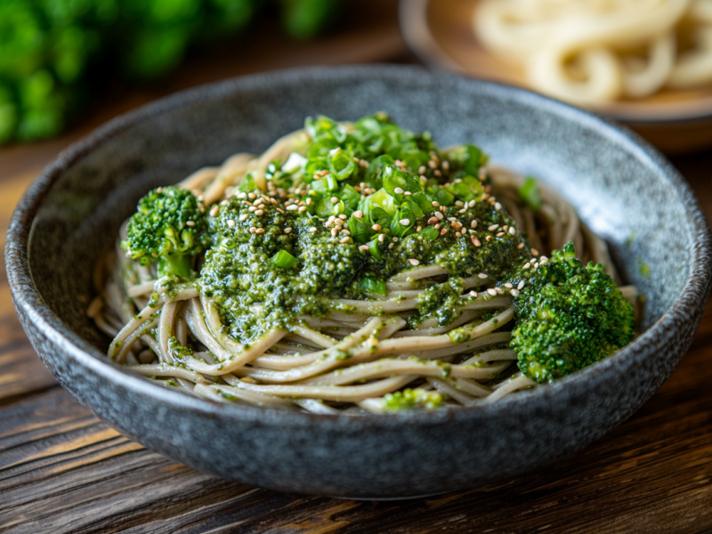 Soba-Nudeln mit Avocadopesto in einer schwarzen Schale. Angerichtet sind die Nudeln mit Brokkoli, frischen Frühlingszwiebeln und Sesamkörnern