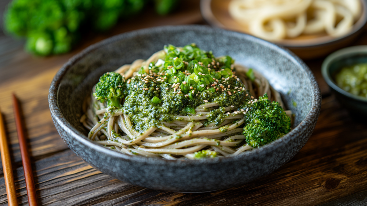 Soba-Nudeln mit Avocadopesto in einer schwarzen Schale. Angerichtet sind die Nudeln mit Brokkoli, frischen FrÃ¼hlingszwiebeln und SesamkÃ¶rnern