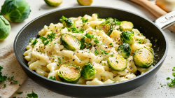 Eine Pfanne mit Spätzle mit Rosenkohl und Kräutern in Sahnesoße. Drumherum ein paar Zutaten.