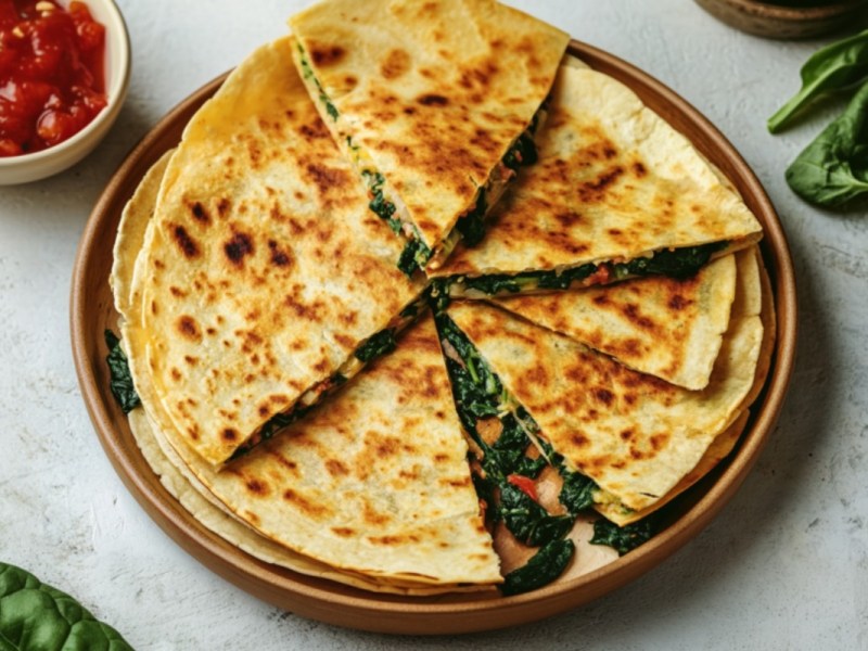 Vegane Spinat-Quesadillas in der Draufsicht auf einem Teller.