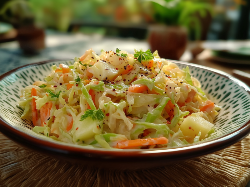 Eine gepunktete Schüssel mit Spitzkohl-Coleslaw steht auf eine Korbunterlage. Der Salat ist mit Spitzkohl, Karotten und Apfelstücken zubereitet und mit frischem Dill und gemahlenen Pfeffer garniert. Im Hintergrund stehen einige Tischpflanzen sowie weitere Teller.