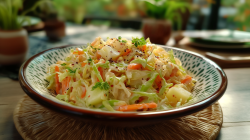 Eine gepunktete Schüssel mit Spitzkohl-Coleslaw steht auf eine Korbunterlage. Der Salat ist mit Spitzkohl, Karotten und Apfelstücken zubereitet und mit frischem Dill und gemahlenen Pfeffer garniert. Im Hintergrund stehen einige Tischpflanzen sowie weitere Teller.