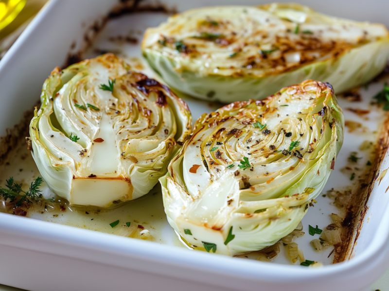 Drei Stücke Spitzkohl mit Parmesan liegen in Soße in einer Auflaufform. Sie sind gebacken und mit frischen Kräutern überstreut.