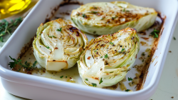 Drei Stücke Spitzkohl mit Parmesan liegen in Soße in einer Auflaufform. Sie sind gebacken und mit frischen Kräutern überstreut.