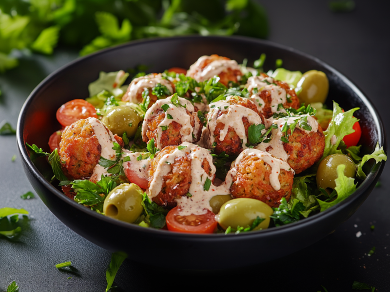 Knusprige Süßkartoffel-Falafel aus dem Airfryer auf einem gemischten Salat mit Oliven und Kirschtomaten. Sie sind mit einer cremigen Soße und frischer Petersilie garniert.