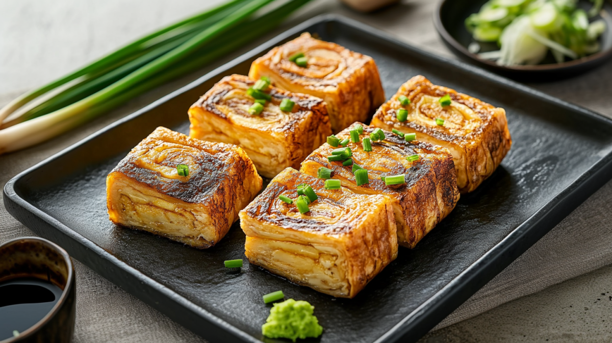 Sechs Tamagoyaki liegen auf einem schwarzen, eckigen Teller. Sie sind mit etwas frischem Schnittlauch garniert und eine kleine Portion Wasabi liegt auf dem Teller. Vor dem Teller steht ein Schälchen mit Sojasoße. Hinter dem Teller liegt ein Bund Frühlingszwiebeln sowie eine Schale geschnittener Zwiebeln.