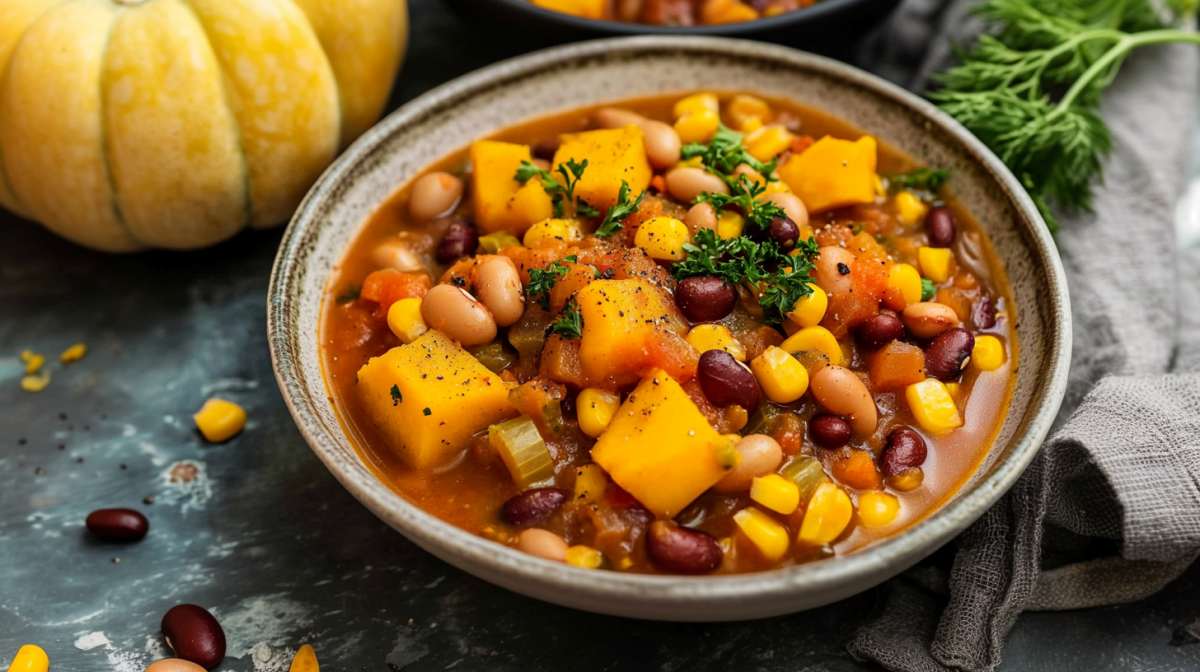 Eine Schale Three Sisters Stew mit KÃ¼rbis, Bohnen und Mais.