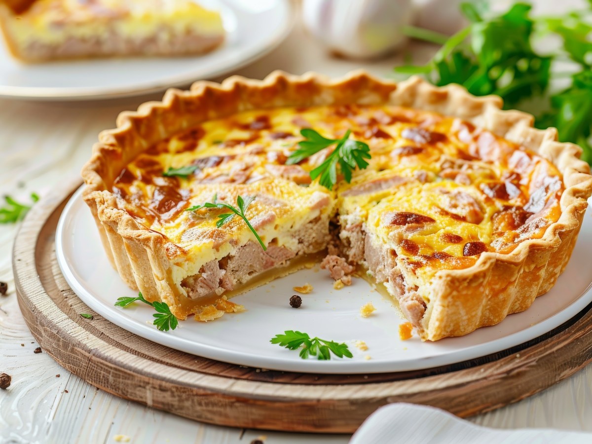 angeschnittene Thunfisch-Quiche auf einem Teller