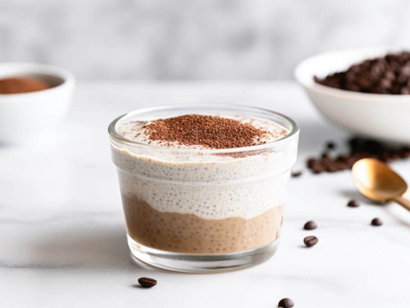 Eine Glasschale mit Tiramisu-Chia-Pudding, bestehend aus einer dunklen Kaffee-Schokoschicht und einer hellen Vanilleschicht steht auf einer marmornen Arbeitsfläche. Der Tiramisu-Chia-Pudding ist mit Kakaopulver bestreut. Im Hintergrund steht eine weiße Schale mit Kaffeebohnen und eine kleine Schale mit Kakaopulver. Außerdem sind ein paar Kaffeebohnen verstreut.