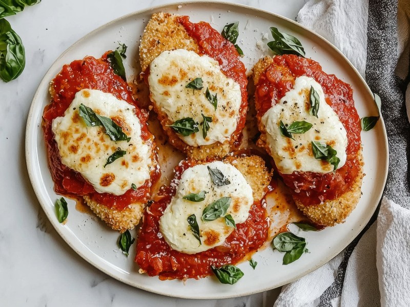 Ein Teller mit vier Ã¼berbackenen HÃ¤hnchenschnitzel mit Tomate und Mozzarella. Garniert sind die Ã¼berbackenen HÃ¤hnchenschnitzel mit frischem Basilikum. Der Teller steht auf einer hellen, marmornen Arbeitsplatte. Rechts vom Teller liegt ein weiÃŸ-schwarz gestreiftes KÃ¼chenhandtuch.