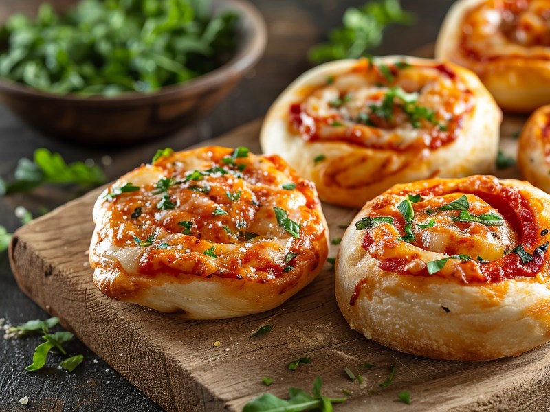 Ein Brett mit veganen Pizzaschnecken bestreut mit KrÃ¤utern.