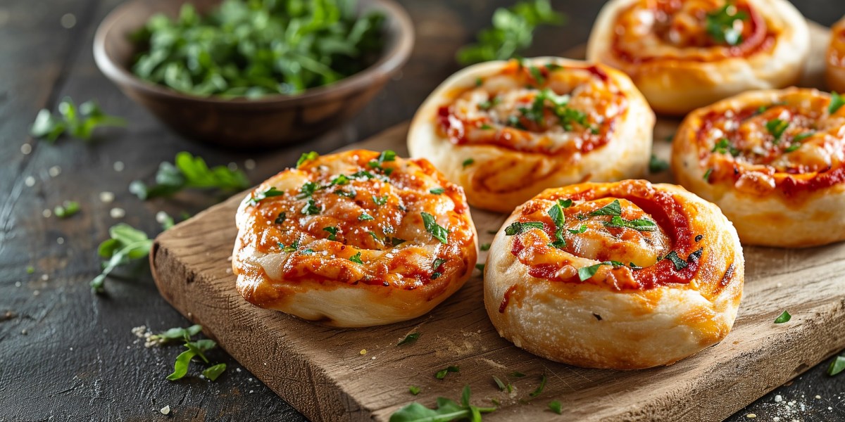 Ein Brett mit veganen Pizzaschnecken bestreut mit KrÃ¤utern.