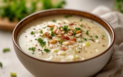 Eine Schüssel vegane Selleriesuppe mit Mandeln und Petersilie.