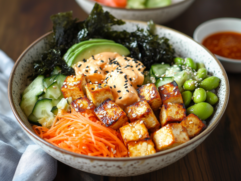 Eine vegane Sushi-Bowl mit gebackenem Tofu, Avocadoscheiben, geriebener Karotte, Edamame, Gurke und Nori-BlÃ¤ttern. Die SchÃ¼ssel steht auf einem dunklen Holzuntergrund. Links daneben lieg eine Stoffserviette. Im Hintergrund ist auÃŸerdem angedeutet eine weitere vegane Sushi-Bowl und eine Schale mit Sriracha-SoÃŸe zu sehen.