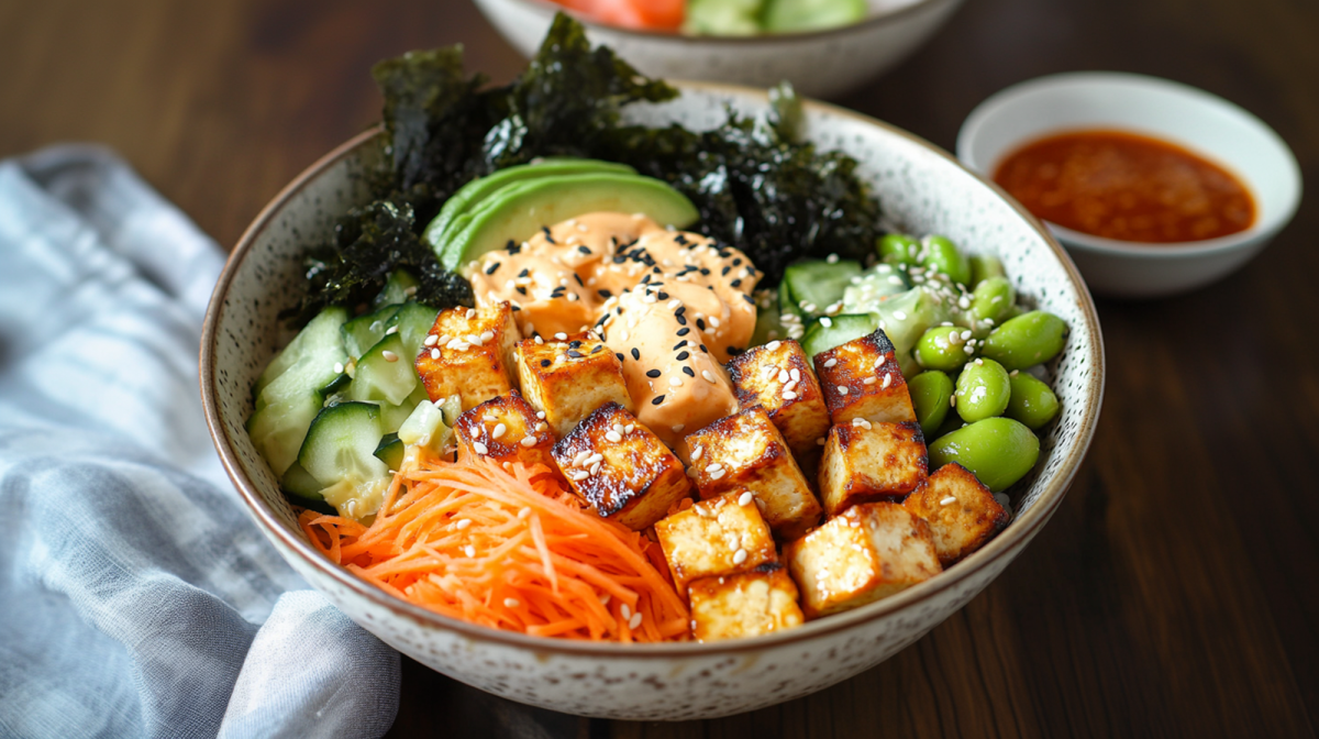 Eine vegane Sushi-Bowl mit gebackenem Tofu, Avocadoscheiben, geriebener Karotte, Edamame, Gurke und Nori-BlÃ¤ttern. Die SchÃ¼ssel steht auf einem dunklen Holzuntergrund. Links daneben lieg eine Stoffserviette. Im Hintergrund ist auÃŸerdem angedeutet eine weitere vegane Sushi-Bowl und eine Schale mit Sriracha-SoÃŸe zu sehen.