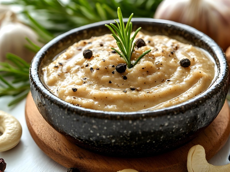 Veganer Chashew-Dip in einer schwarzen Schale. Er ist mit schwarzen Pfefferkörnern und einem Rosmarinzweig angerichtet. Im Vorrdergrund liegt eine Cashewkern. Links liegt ein weiter Cashewkern sowie Pfeffer. Im Hintergrund liegen Knoblachknollen und noch weitere Rosmarinzweige.