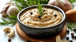 Veganer Chashew-Dip in einer schwarzen Schale. Er ist mit schwarzen Pfefferkörnern und einem Rosmarinzweig angerichtet. Im Vorrdergrund liegt eine Cashewkern. Links liegt ein weiter Cashewkern sowie Pfeffer. Im Hintergrund liegen Knoblachknollen und noch weitere Rosmarinzweige.