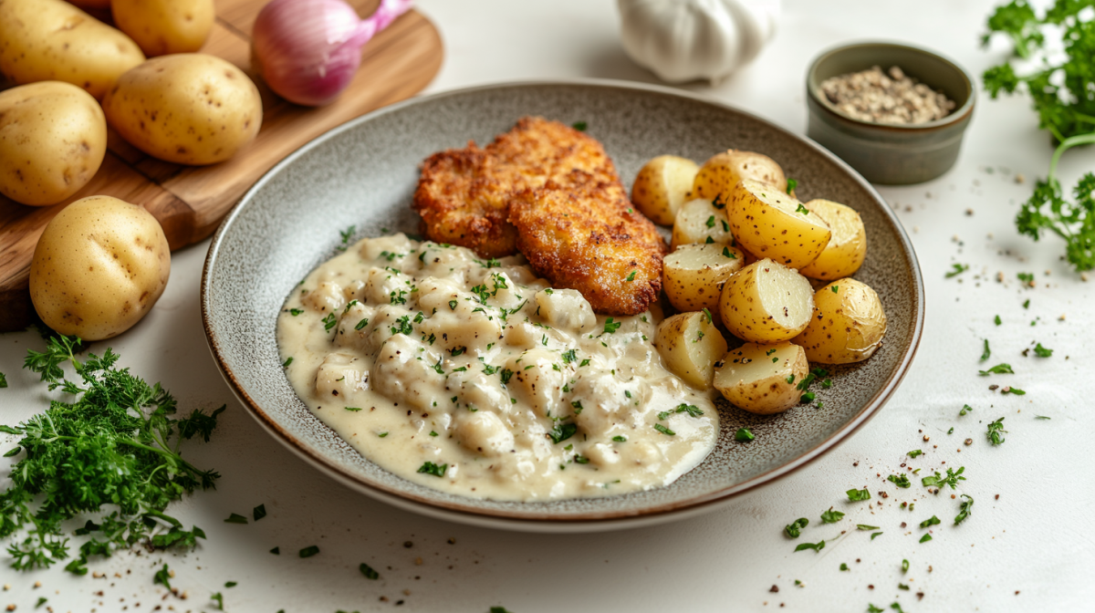 Veganer Rahmkohlrabi mit zwei kleinen Schnitzeln und Kartoffeln auf einem Teller, drumherum Zutaten.