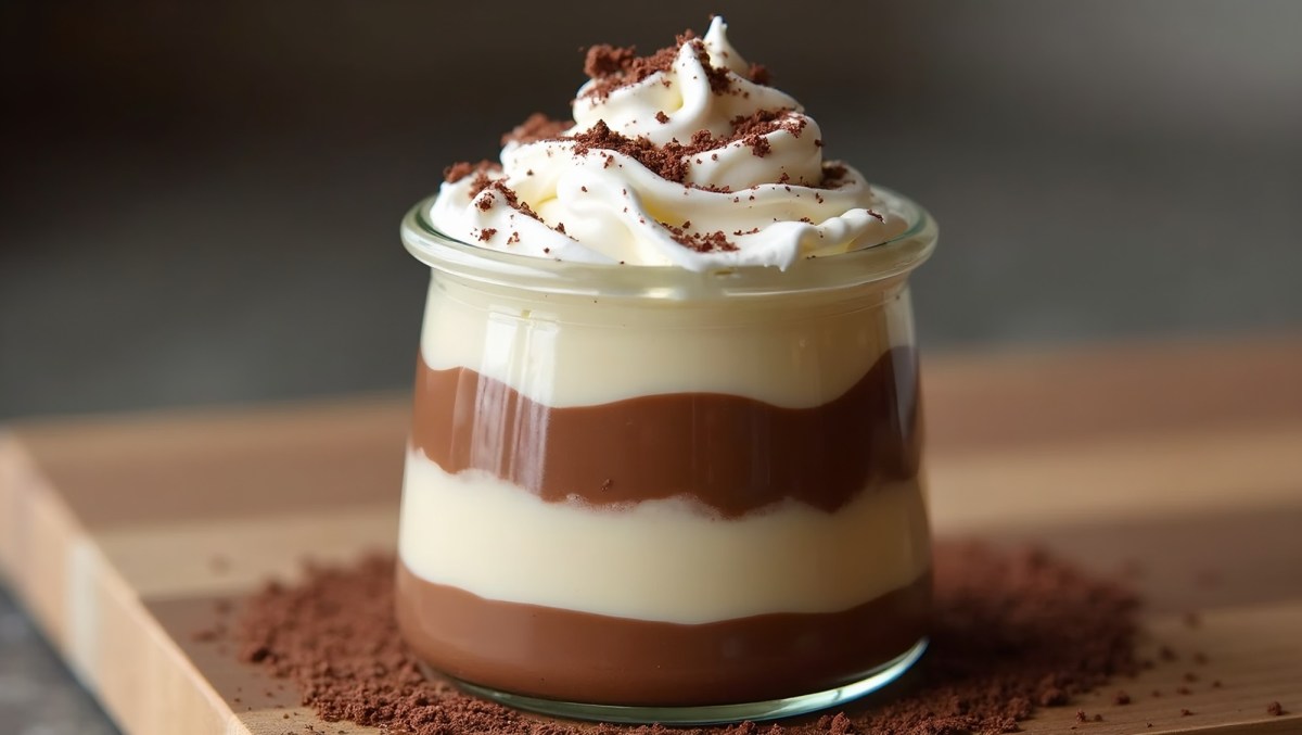 Ein Dessertglas mit veganem Monte mit SahnehÃ¤ubchen und feinen Schokoraspeln. Ringsum das Glas liegt Kakopulver verstreut.