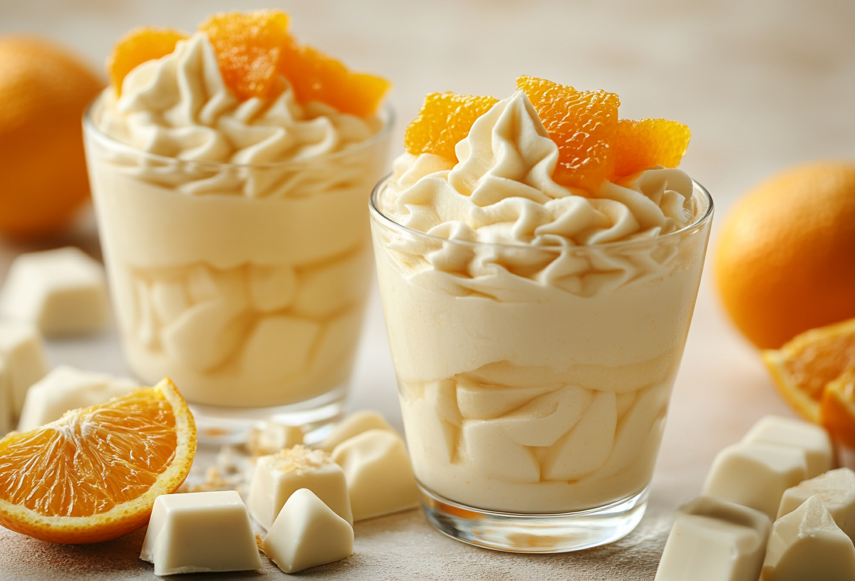 Zwei GlÃ¤ser weiÃŸe Schoko-Orangen-Mousse garniert mit Orangenscheiben. Drumherum weiÃŸe SchokostÃ¼cke und Orangen.