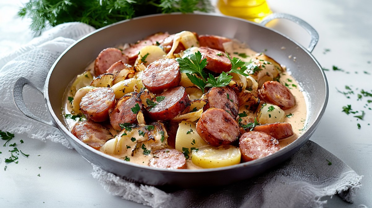 Eine große Portion Wurstpfanne mit Kohlrabi und Senfsoße garniert mit frischer Petersilie. Die Pfanne steht auf einem hellen Küchentuch auf einer hellen Arbeitsfläche. Ringsum ist frische gehackte Petersilie verstreut. Im Hintergrund ist außerdem ein Glasgefäß mit Öl angedeutet und ein Bund frische Kräuter.