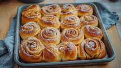 Zimtschnecken vom Blech auf einem Blech, mit Puderzucker bestreut.