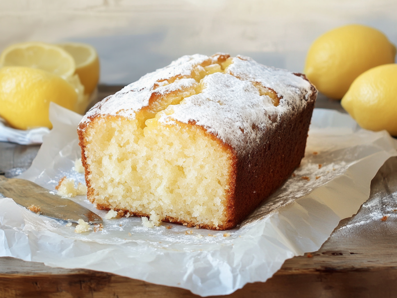 Ein Zitronen-Kastenkuchen mit Puderzucker verziert auf Backpapier, im Hintergrund einige Zitronen.