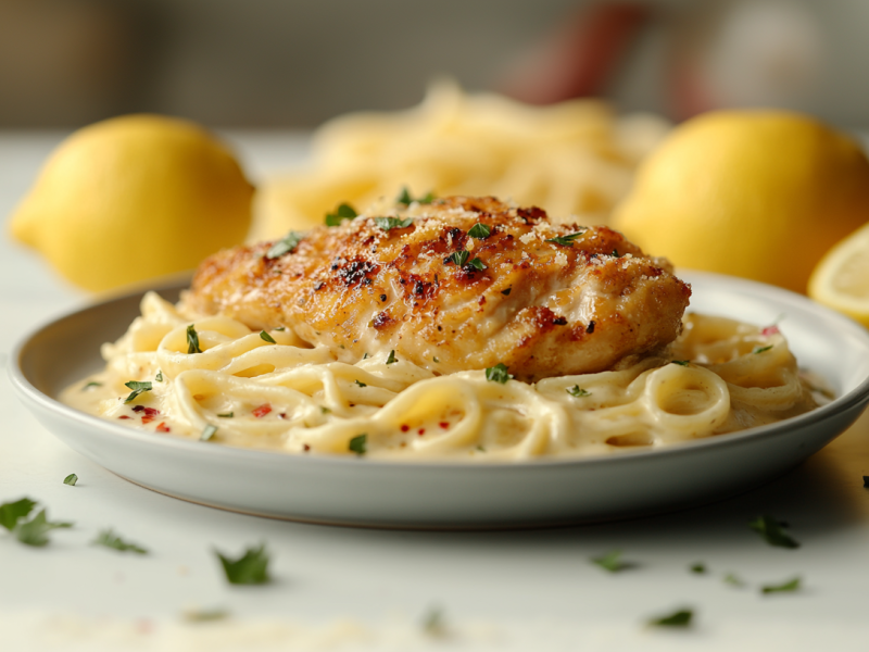 Ein Teller Zitronenpasta mit HÃ¤hnchen, drumherum Zitronen und KrÃ¤uter.