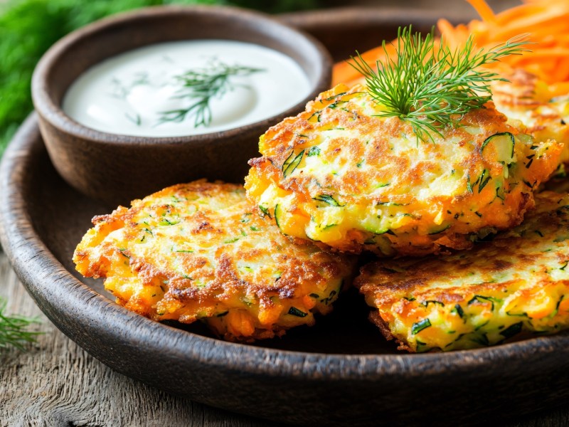 Fünf Zucchini-Dill-Bratlinge liegen auf einem dunklen Teller. Sie sind mit frischem Dill dekoriert. Auf dem Teller steht außerdem eine Schale mit Joghurt-Dill-Dip, im Hintergrund liegen geraspelte Möhrenstreifen.