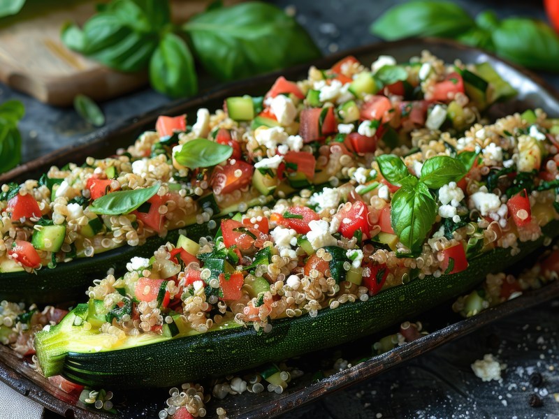 Zucchinibooteboote mit Quinoa und Feta liegen auf einem dunkelbraunen Holztablett. Sie sind neben dem Quinoa auch mit frischen Tomaten, Spinat und dem Zucchinifleisch gefüllt. Auf ihnen liegen ein paar Basilikumblätter. Im Hintergrund sieht man weitere Basilikumblätter sowie hinten links eine Schale Wasser und hinten rechts noch eine Tomate.