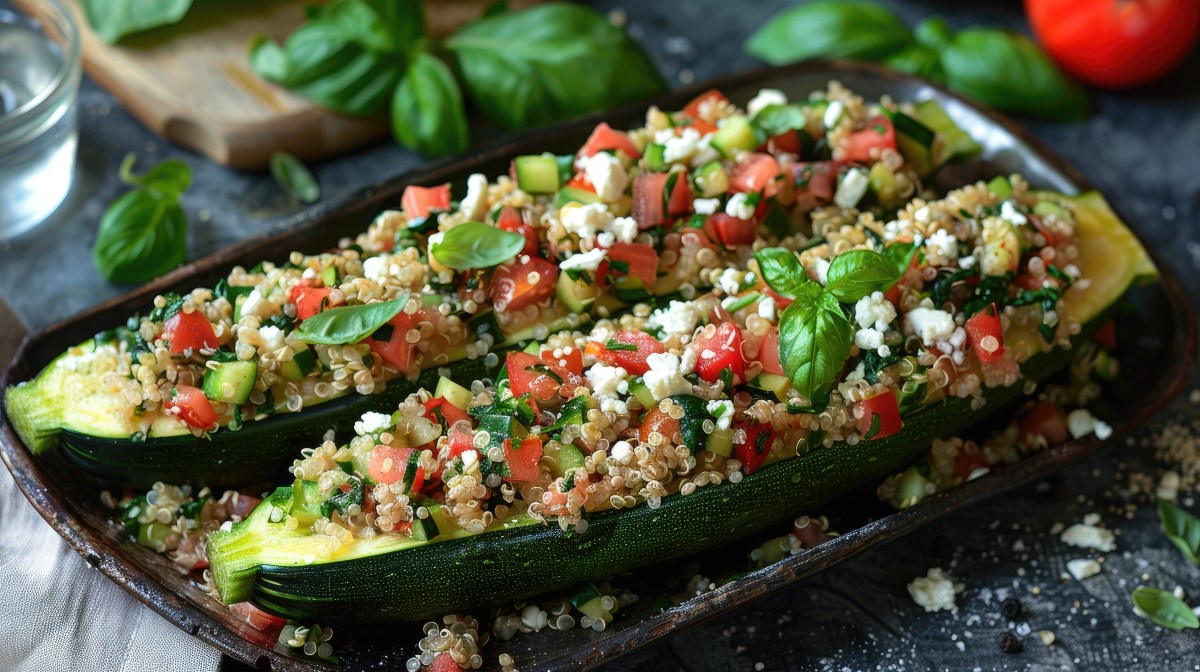 Zucchinibooteboote mit Quinoa und Feta liegen auf einem dunkelbraunen Holztablett. Sie sind neben dem Quinoa auch mit frischen Tomaten, Spinat und dem Zucchinifleisch gefüllt. Auf ihnen liegen ein paar Basilikumblätter. Im Hintergrund sieht man weitere Basilikumblätter sowie hinten links eine Schale Wasser und hinten rechts noch eine Tomate.