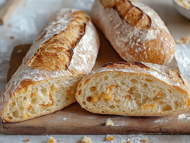 Aufgeschnittenes Zwiebel-Baguette auf einem Holzbrett. Es liegen drei Stück auf dem Brett. Im Hintergrund sieht man zwei Messer, hinten rechts eine Schale mit Teig und weiteren Röstzwiebeln.