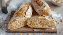 Aufgeschnittenes Zwiebel-Baguette auf einem Holzbrett. Es liegen drei Stück auf dem Brett. Im Hintergrund sieht man zwei Messer, hinten rechts eine Schale mit Teig und weiteren Röstzwiebeln.